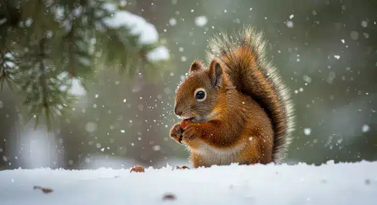 Un'immagine di uno scoiattolo sotto la neve creata con l'IA di Google Imagen 3