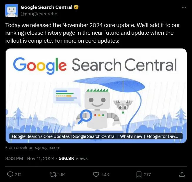 Google annuncia su X core update november 2024 11 novembre 2024