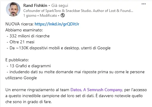 Rand Fishkin su Linkedin 3 dicembre 2024