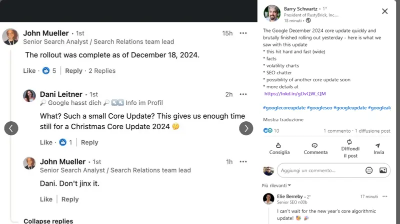 John Mueller risponde a utente su LinkedIn 19 dicembre 2024 su core update dicembre 2024