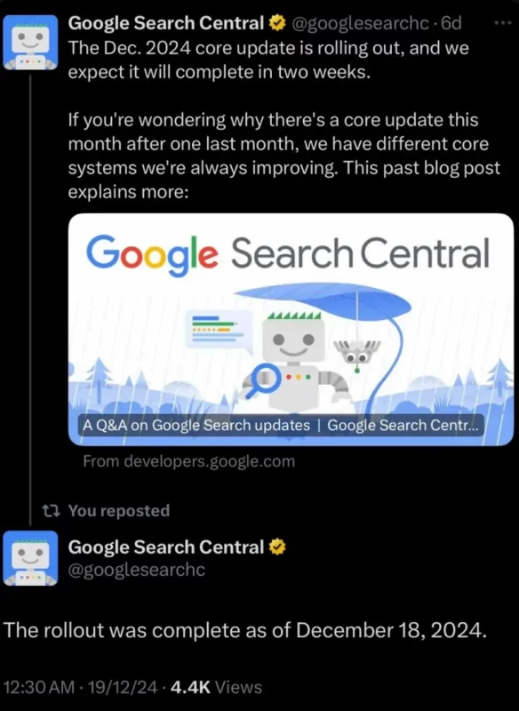 Google su X annuncia il termine del core update dicembre 2024 18 dicembre 2024