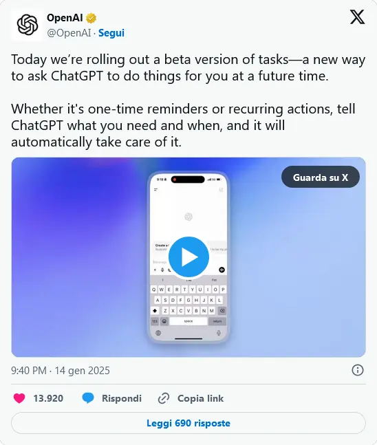 OpenAI annuncia su X Tasks il 14 gennaio 2025