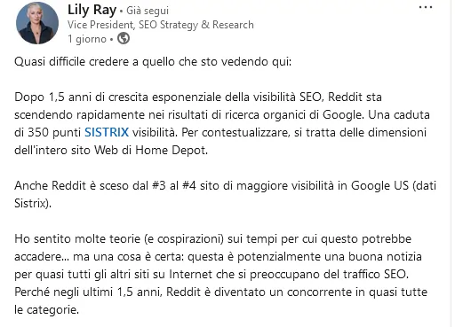 Lily Ray su crisi Reddit negli USA LinkedIn 14 gennaio 2025