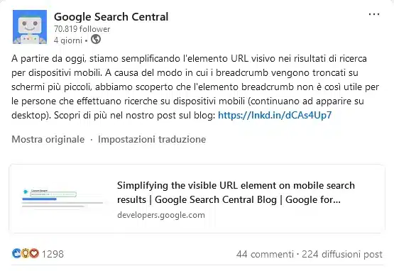 breadcrumb eliminati da mobile annuncio Google 23 gennaio 2025