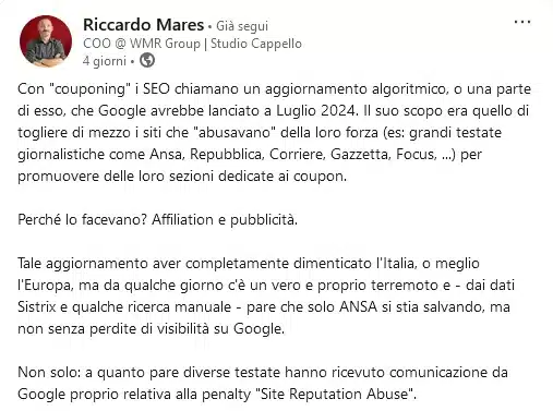 Riccardo Mares su LinkedIn 25 gennaio 2025