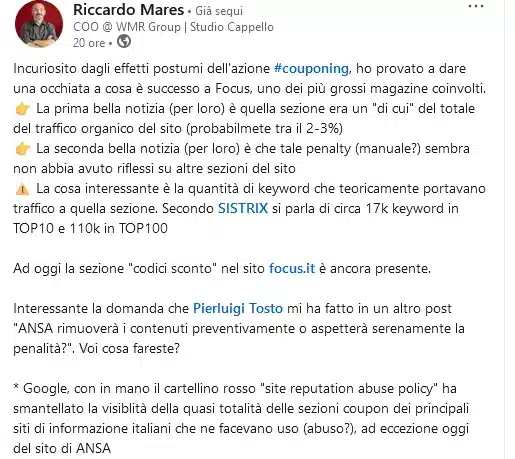 Riccardo Mares su LinkedIn 29 gennaio 2025