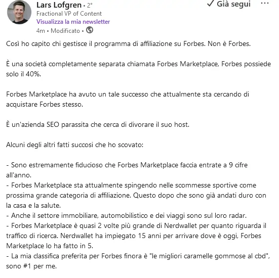 Lars Lofgren su Forbes Parasite SEO LinkedIn settembre 2024