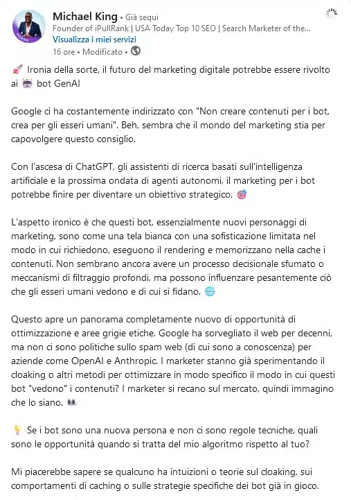 Michael King su LinkedIn 3 febbraio 2025 