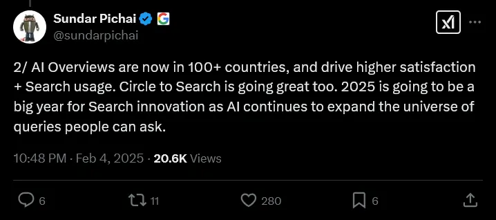 Sundar Pichai su X 4 febbraio 2025