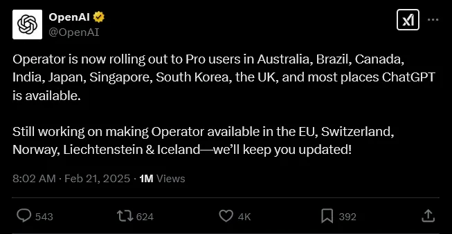OpenAI annuncia Operator 21 febbraio 2025 su X