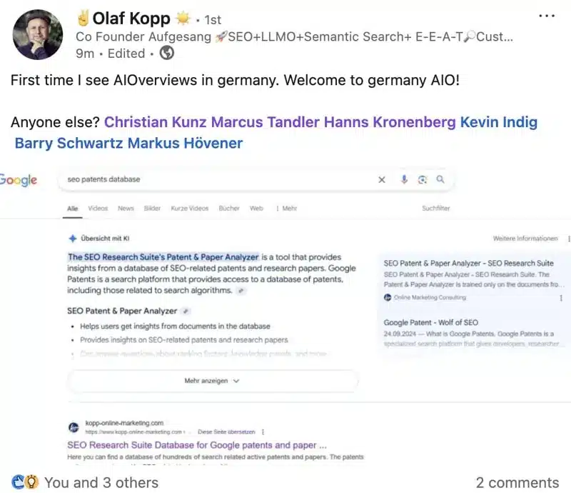 Olaf Kopp su LinkedIn posta screenshot di AIOS in Germania